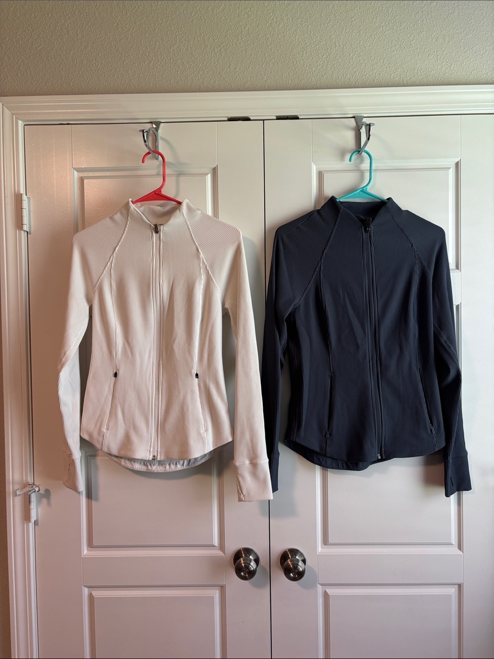 Athleta Salutation Ribbed Full-Zip Jackets — White & Gray/Purple Pair